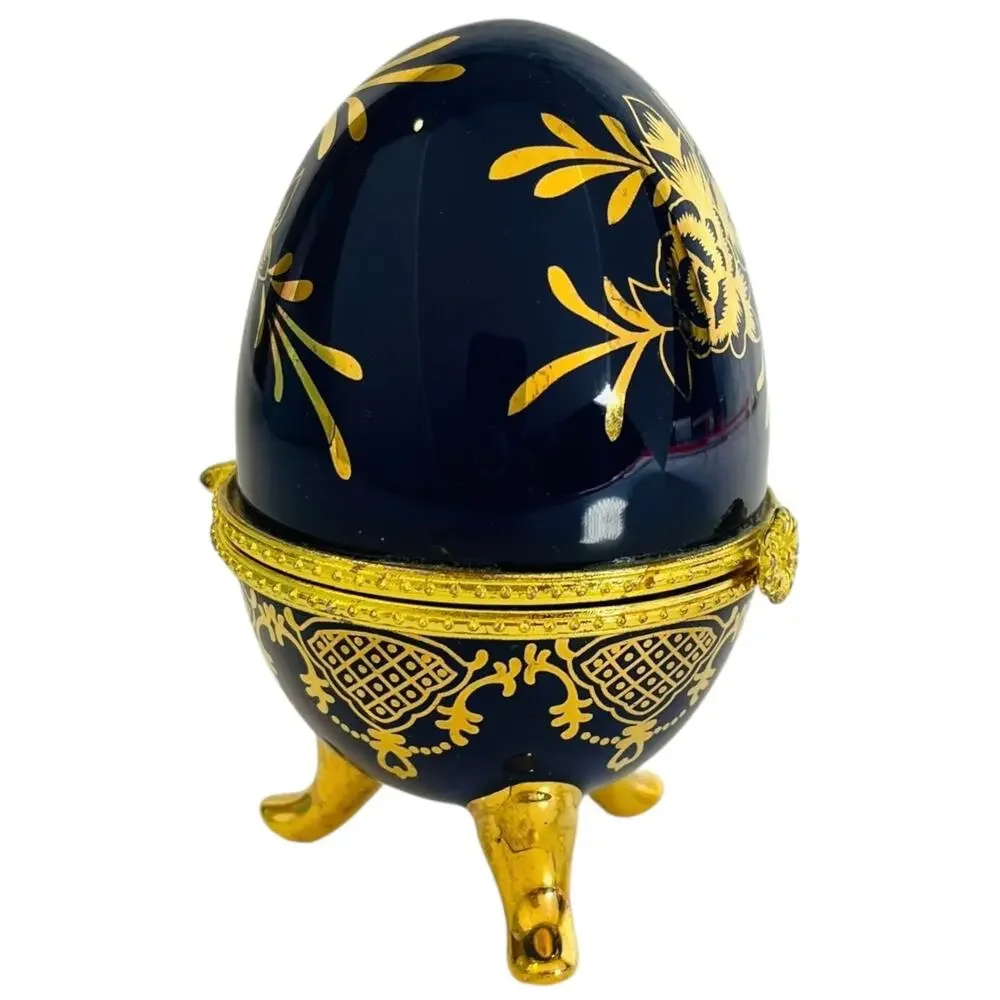 Porcelain Egg Trinket Box Hinged Footed Ring Holder Lg 4” Cobalt Blue Gold Vtg